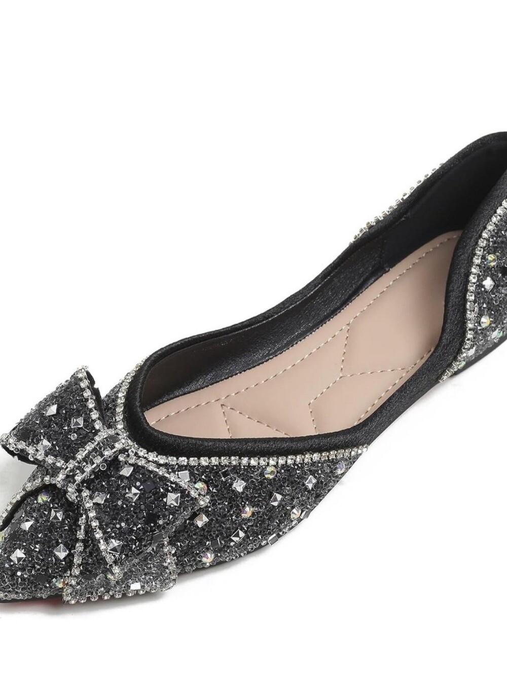 Women's Black Rhinestone Crystal Bow Pointed-Toe Ballet Flats